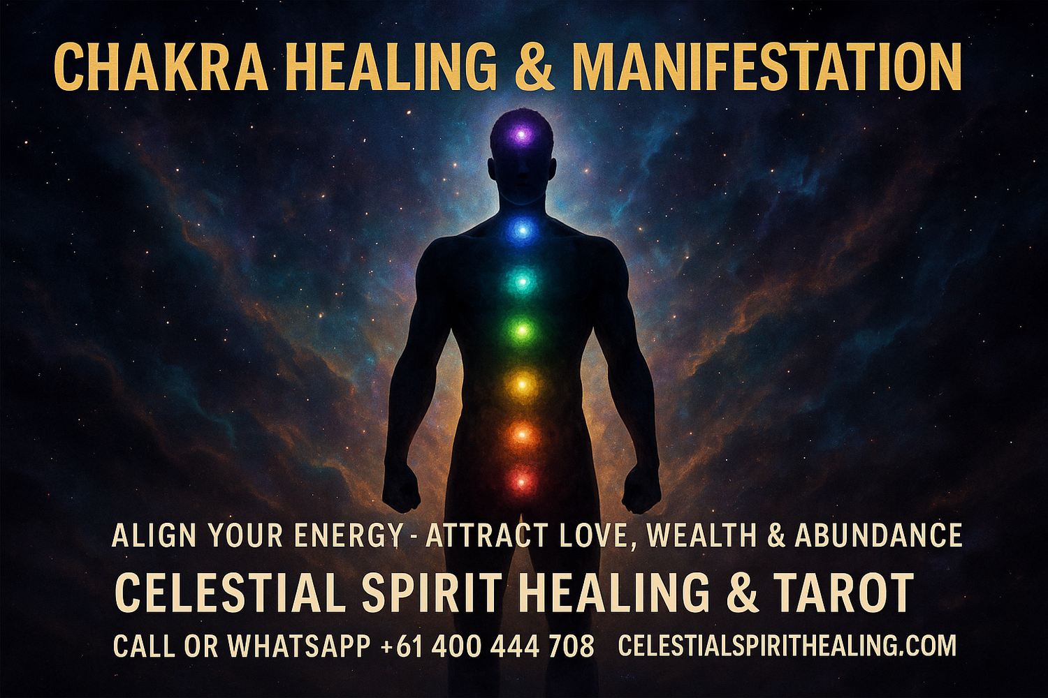 Spiritual chakra healing and manifestation image with aligned chakras, cosmic light background, and Celestial Spirit Healing & Tarot contact details.