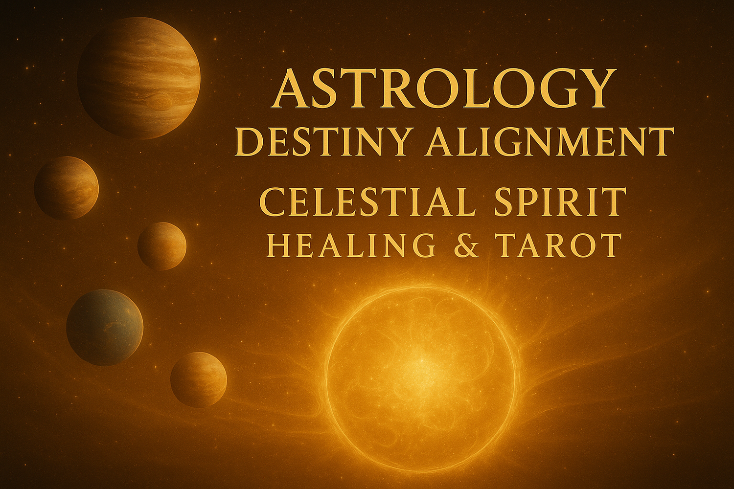 Golden astrology banner with planets and cosmic background promoting the Astrology and Destiny Alignment service for Celestial Spirit Healing & Tarot.