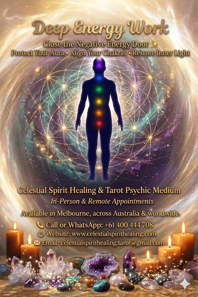 Chakra healing and energy cleansing in Melbourne by Celestial Spirit Healing & Tarot – Psychic Medium. Aura protection, chakra alignment, remove negative energy, available in Australia and worldwide.