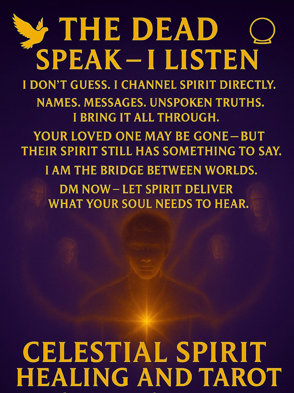 Mediumship and spirit communication banner — Nosh, The Spirit-Chosen Psychic, Medium & Healer at Celestial Spirit Healing & Tarot, Melbourne. Channeling messages from departed loved ones with divine accuracy and light.