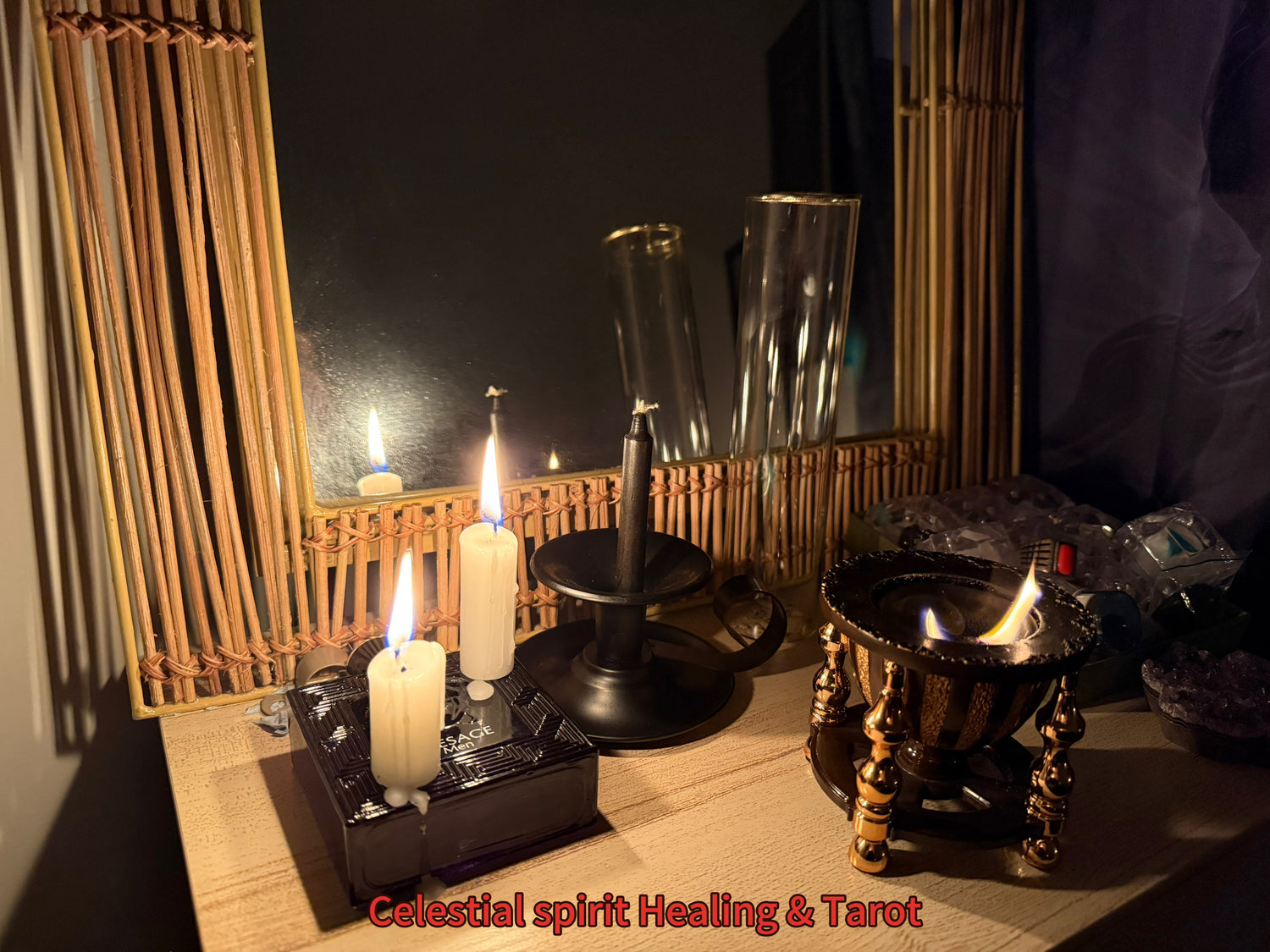 Spiritual healing altar with candles and energy tools for aura cleansing and divine protection by Nosh — The Spirit-Chosen Psychic, Medium & Healer at Celestial Spirit Healing & Tarot, Melbourne, Australia.