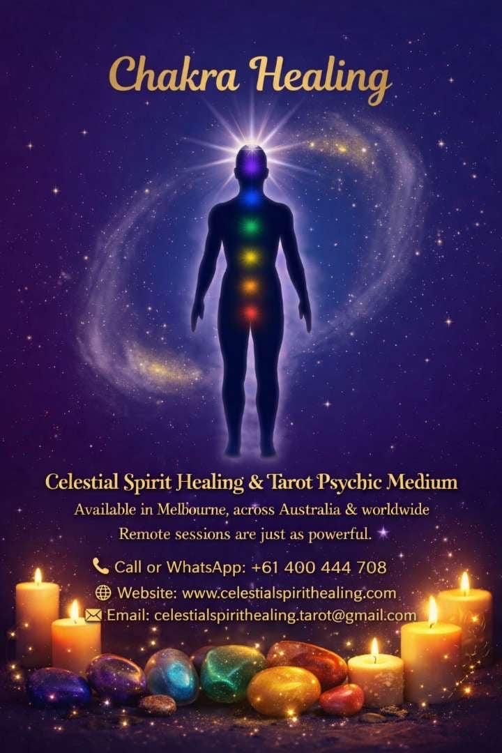 Chakra healing services banner by Celestial Spirit Healing & Tarot – Psychic Medium, featuring chakra alignment, energy healing, and remote sessions available in Melbourne, Australia, and worldwide.
