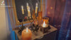 Warm spiritual healing room with candle-lit altar, sacred decor, and golden energy ambiance creating a safe and professional environment for spiritual work.